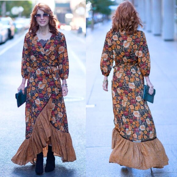 Farm Rio Madrid Maxi Dress Anthropologie Floral Gold Yellow‎ Wrap High Low XS - Picture 11 of 12